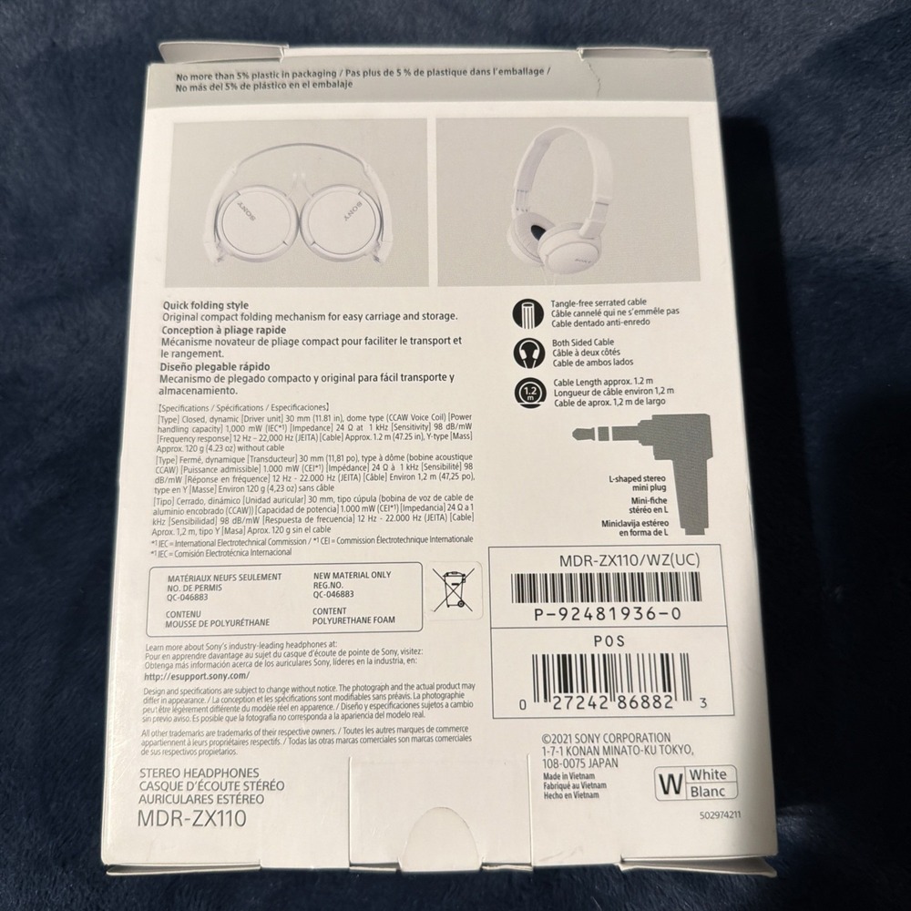 Sony ZX Series Wired On-Ear Headphones, White MDR-ZX110 Airplane Headphones NIB - Picture 3 of 3
